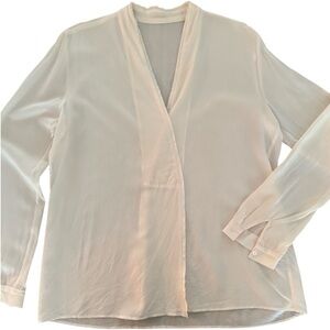 Marc Cain 100% Silk Cream Chiffon Blouse | V-Neck | S-M, Plain Collarless Blouse